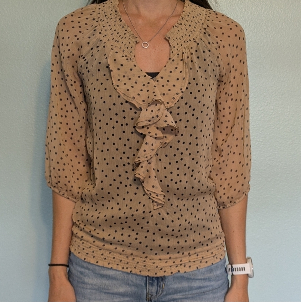 Buy1 Get1 Free Tops! Polka Dot Ruffle Blouse - Tan size small